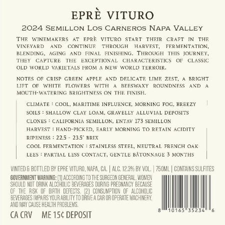 Eprè Vituro 2024 Semillon Back Label