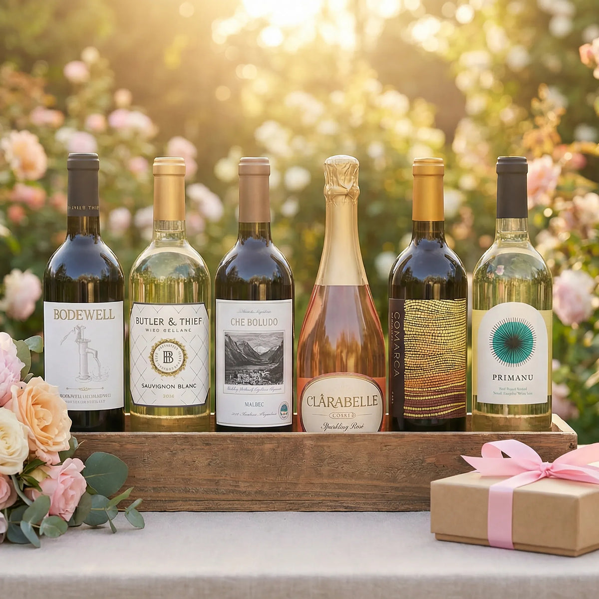 Graphic, an open Firstleaf box, six bottles of wine, and a fruit and cheese platter sitting on a kitchen counter.
