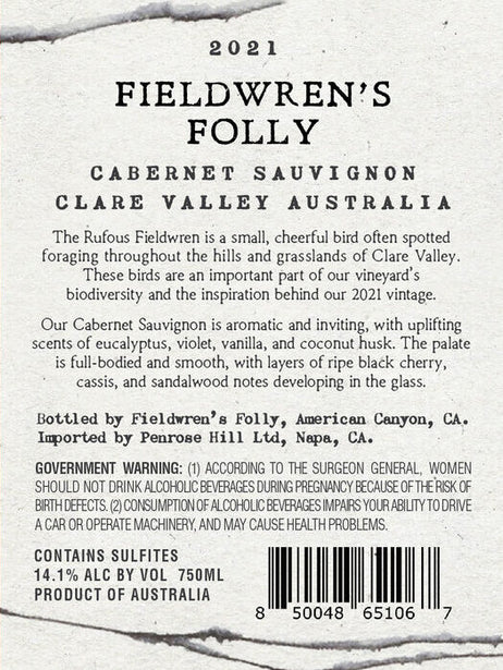 Fieldwren's Folly 2021 Cabernet Sauvignon Clare Valley, Australia