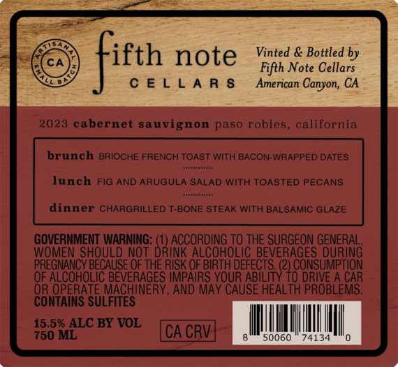 Fifth Note Cellars 2023 Cabernet Sauvignon, Paso Robles
