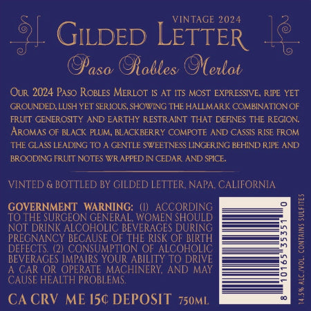 Gilded Letter Merlot Back Label