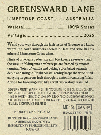 Greensward Lane Shiraz Back Label