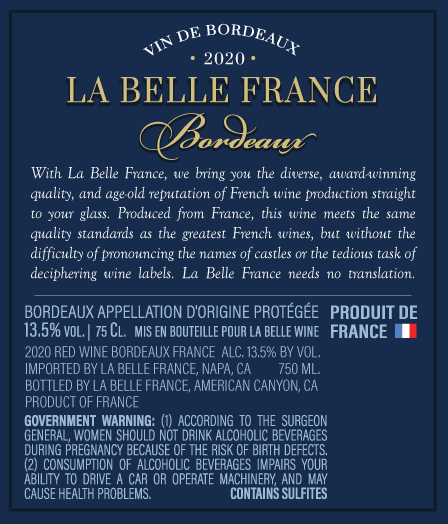 La Belle France 2020 Bordeaux Rouge Bordeaux AOP, France