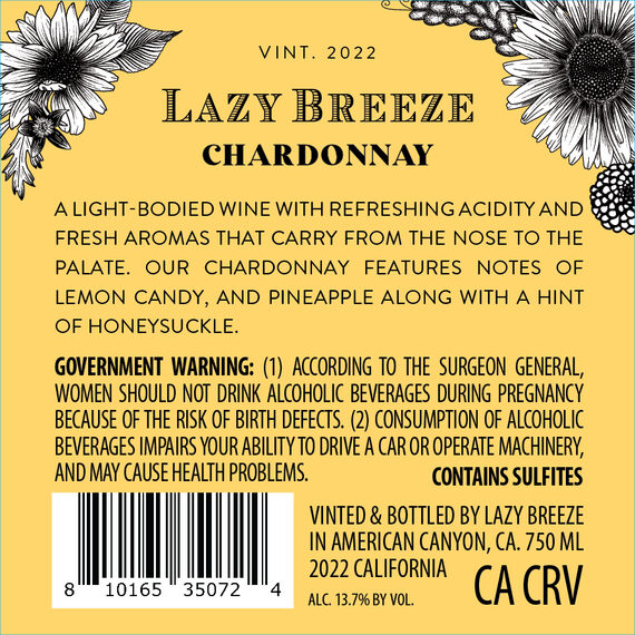 Lazy Breeze 2022 Chardonnay, California