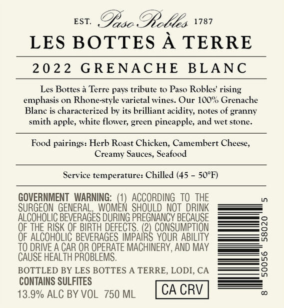 Les Bottes à Terre 2022 Grenache Blanc Paso Robles, California