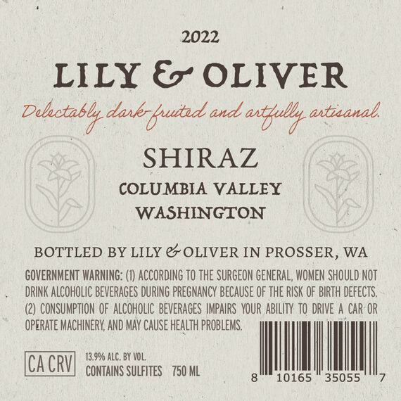Lily & Oliver 2022 Shiraz Columbia Valley, Washington
