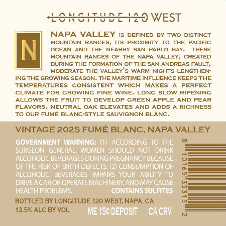 Longitude120 West Fume Blanc Back Label