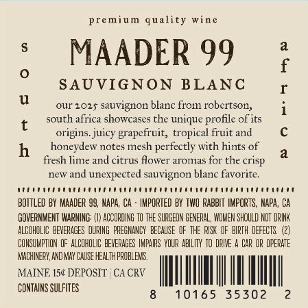 Maader 99 Sauvignon Blanc Back label