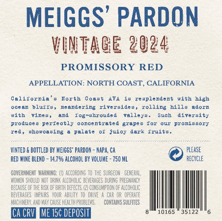 Meiggs' Pardon 2024 Promissory Red North Coast Back Label
