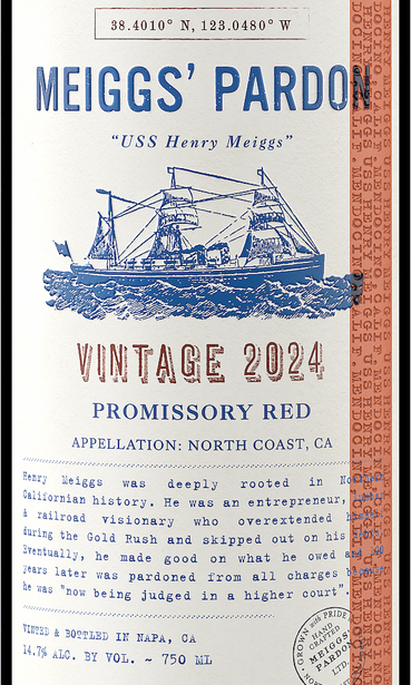 Meiggs' Pardon 2024 Promissory Red North Coast Front Label
