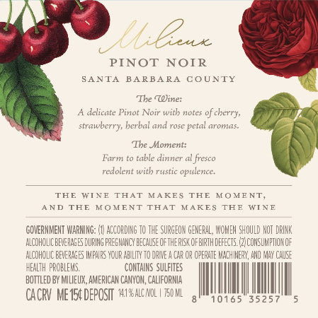 Milieux 2024 Pinot Noir Back Label