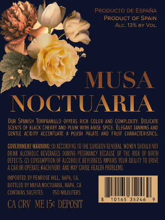 Musa Noctuaria 2024 Tempranillo Back Label
