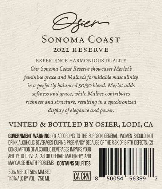 Osier 2022 Merlot – Malbec Sonoma Coast, California