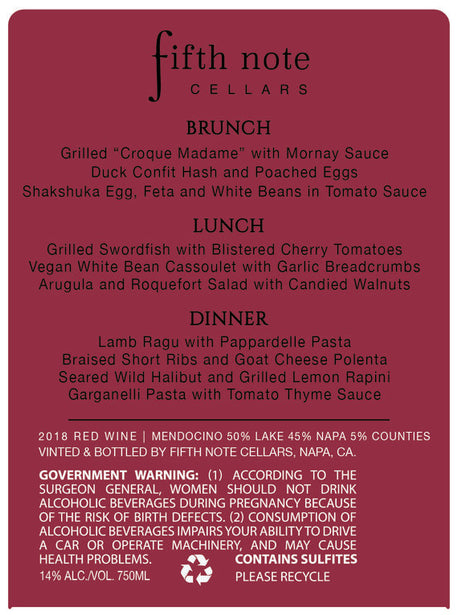 Fifth Note Cellars 2018 Merlot – Cabernet Sauvignon Blend California