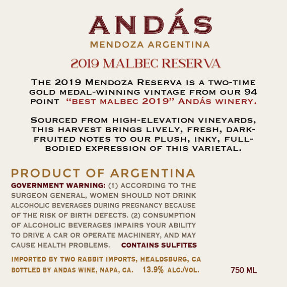 Andás 2019 Malbec Reserva Mendoza, Argentina