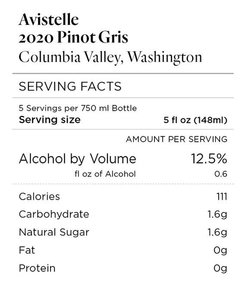 Avistelle 2020 Pinot Gris Columbia Valley, Washington