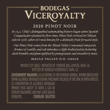 Bodegas Viceroyalty 2020 Pinot Noir Maule Valley DO, Chile