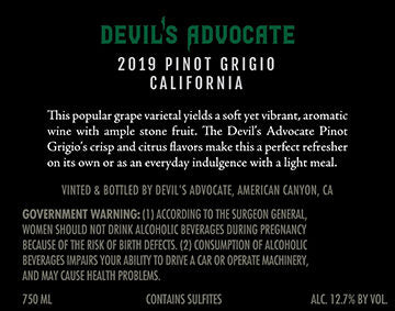 Devil's Advocate 2019 Pinot Grigio, California