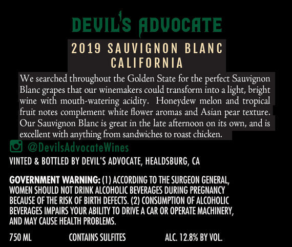 Devil's Advocate 2019 Sauvignon Blanc California