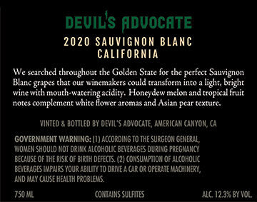 Devil's Advocate 2020 Sauvignon Blanc, California