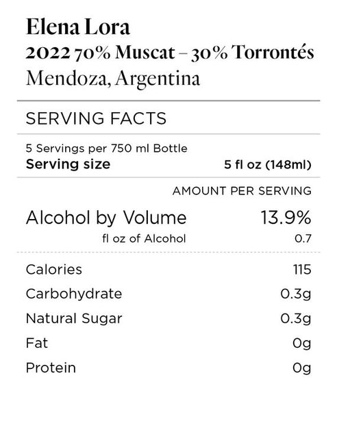 Elena Lora 2022 Muscat - Torrontés Mendoza, Argentina