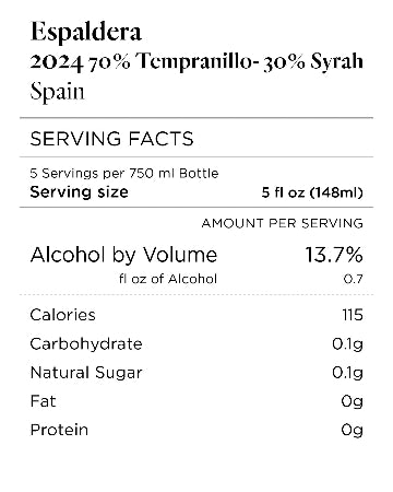 Wine label with serving facts and alcohol content for Espaldera 2024 Tempranillo-Syrah blend from Spain.