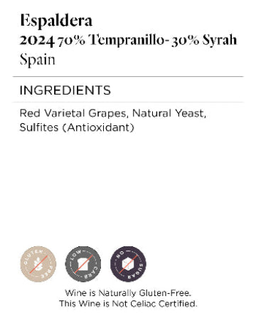 Wine label for Espaldera 2024 70% Tempranillo-30% Syrah from Spain, listing ingredients and certifications.