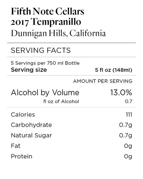 Fifth Note Cellars 2017 Tempranillo Dunnigan Hills, California