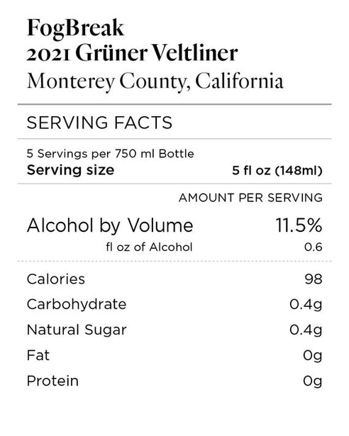 FogBreak 2021 Grüner Veltliner Monterey County, California