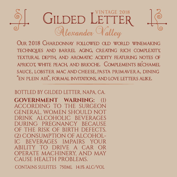 Gilded Letter 2018 Chardonnay Alexander Valley, California