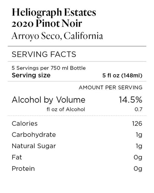 Heliograph Estates 2020 Pinot Noir Arroyo Seco, California