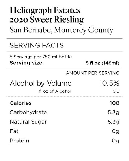 Heliograph Estates 2020 Sweet Riesling San Bernabe, California