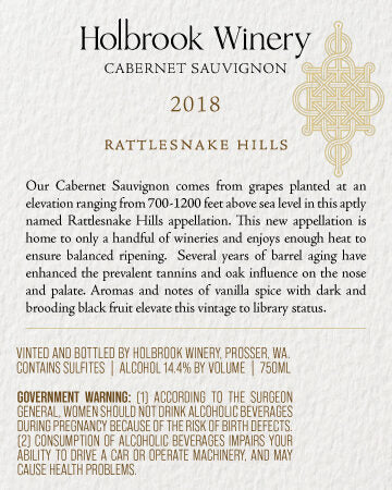 Holbrook Winery 2018 Cabernet Sauvignon Rattlesnake Hills, Washington