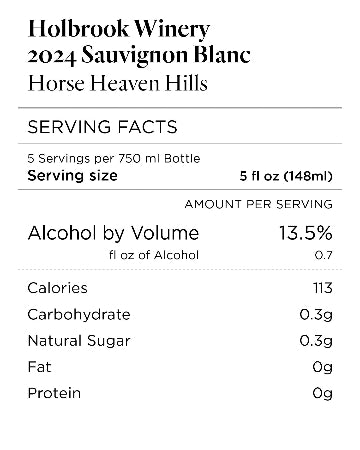Serving facts label for Holbrook Winery 2024 Sauvignon Blanc wine.