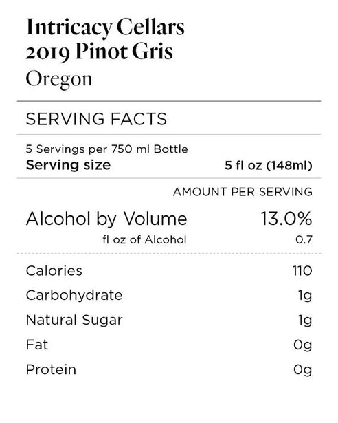 Intricacy Cellars 2019 Pinot Gris Willamette Valley, Oregon