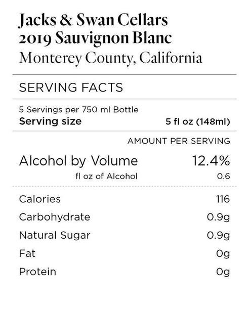 Jacks & Swan Cellars 2019 Sauvignon Blanc Monterey County, California