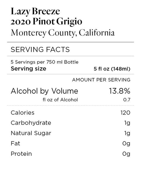 Lazy Breeze 2020 Pinot Grigio Monterey County, California