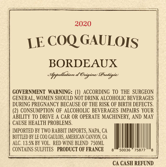 Le Coq Gaulois 2020 Bordeaux Rouge Bordeaux AOP, France