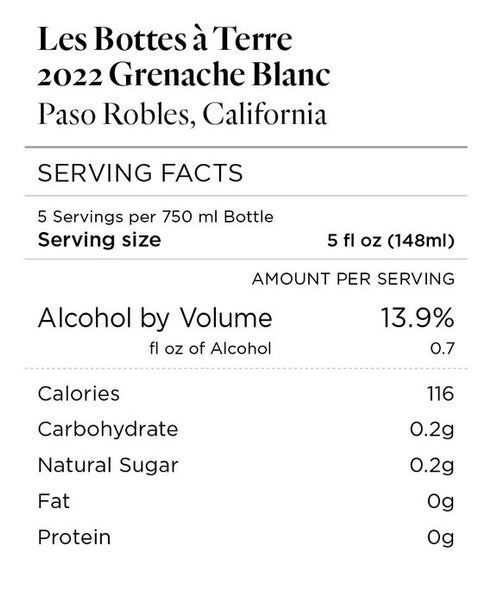 Les Bottes à Terre 2022 Grenache Blanc Paso Robles, California