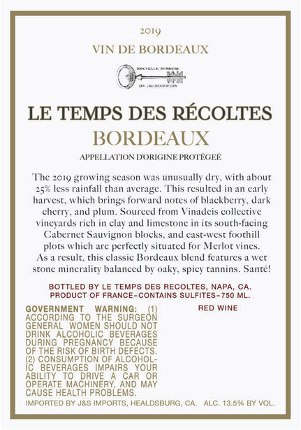 Le Temps des Récoltes 2019 Bordeaux Rouge Bordeaux AOP, France