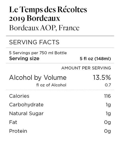 Le Temps des Récoltes 2019 Bordeaux Rouge Bordeaux AOP, France
