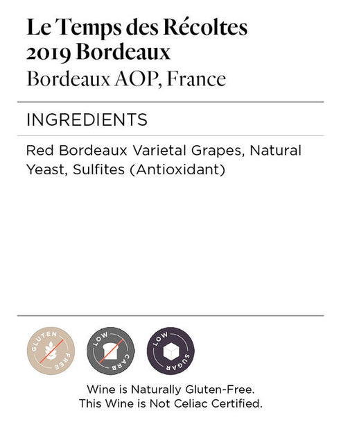Le Temps des Récoltes 2019 Bordeaux Rouge Bordeaux AOP, France