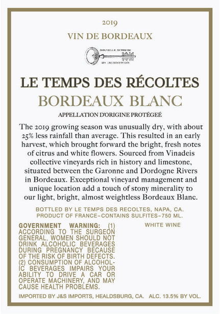 Le Temps des Récoltes 2019 Bordeaux Blanc Bordeaux AOP, France
