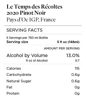 Le Temps des Récoltes 2020 Pinot Noir Pays d'Oc IGP, France