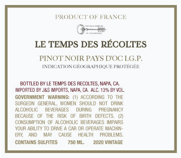 Le Temps des Récoltes 2020 Pinot Noir Pays d'Oc IGP, France