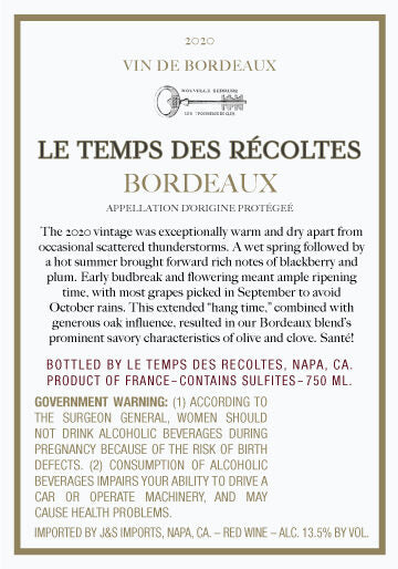 Le Temps des Récoltes 2020 Bordeaux Rouge Bordeaux AOP, France