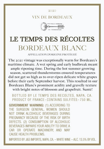 Le Temps des Récoltes 2020 Bordeaux Blanc Bordeaux AOP, France