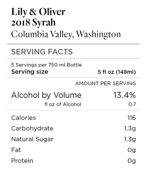Lily & Oliver 2018 Syrah Columbia Valley, Washington