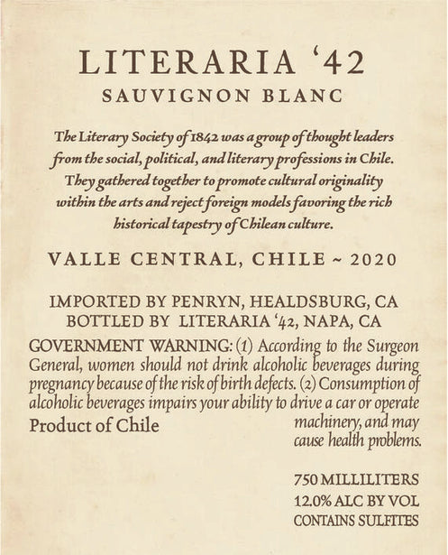 Literaria '42 2020 Sauvignon Blanc Valle Central, Chile