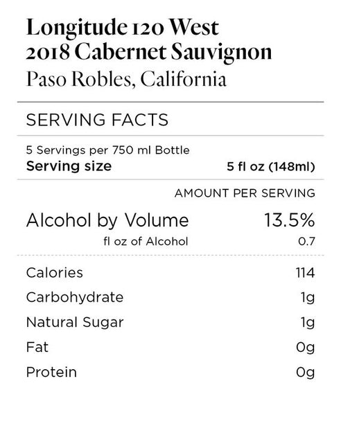Longitude 120 West 2018 Cabernet Sauvignon Paso Robles, California 